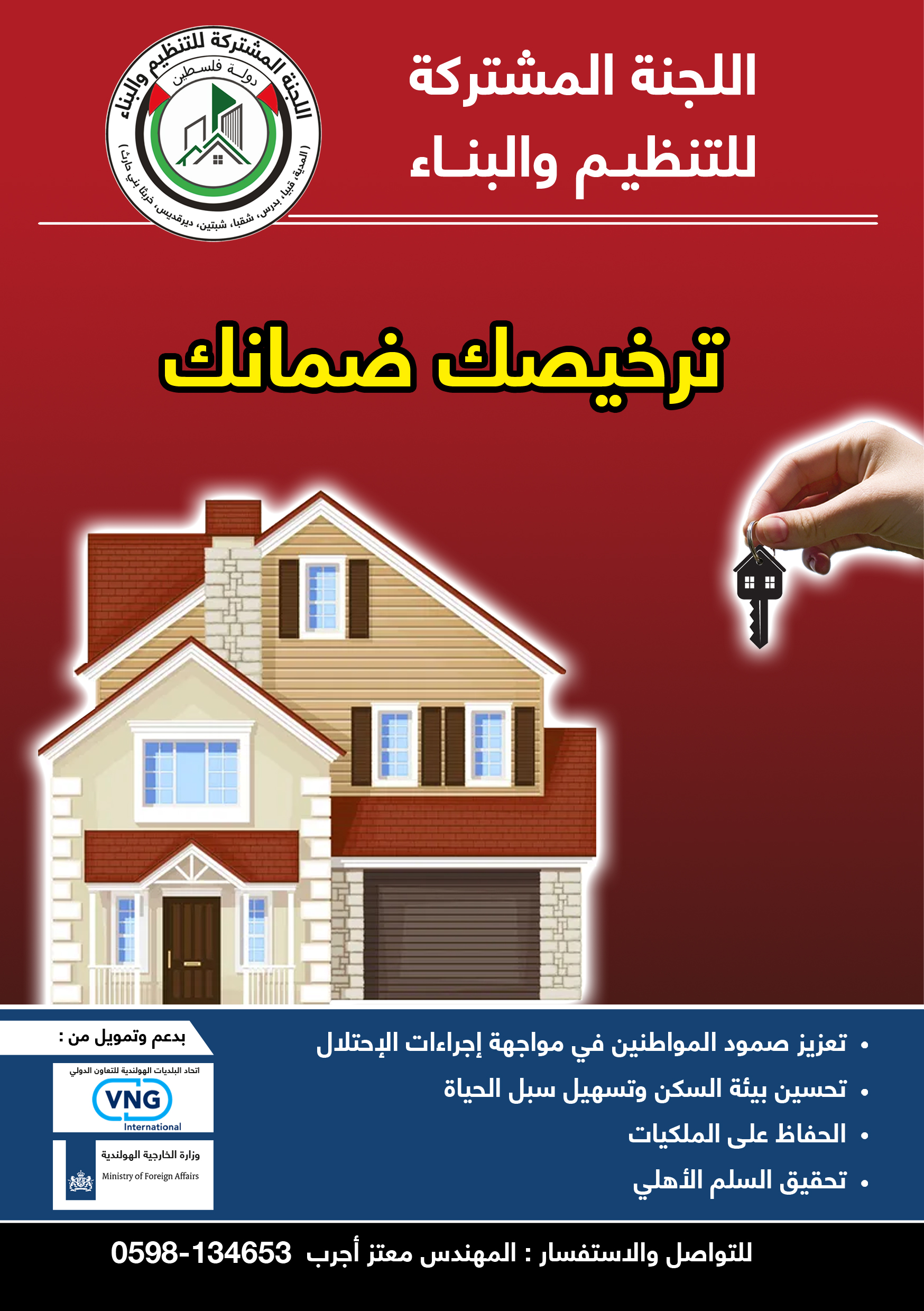 Poster 2: tells the citizens that your building permit is your guarantee and protection toward 1) Strengthen your resilience in the face of occupation measures, 2) Improve the housing environment and facilitating life, 3) Preserve your property, and 4) Achieve civil peace. 